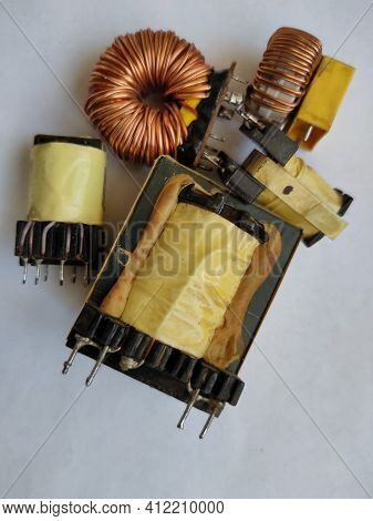 Rnt Transformers And Chokes Of The Computer Power Supply Board On A White Background