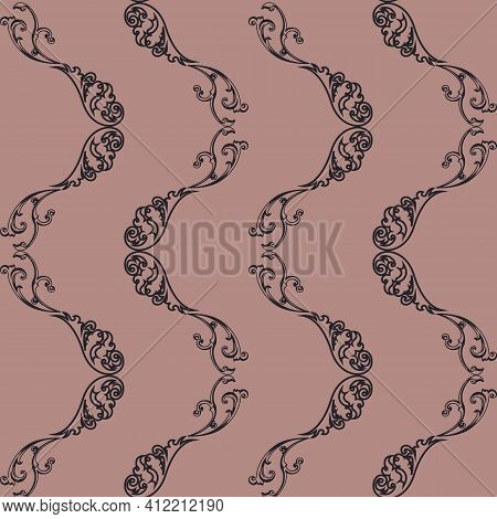 Aligned Black Spirals Seamless Repeating Pattern With Carnation Pink Background. Vector Illustration