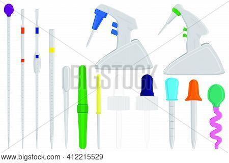 Illustration On Theme Big Kit Different Medical Pipette, Dropper For Laboratory. Pattern Dropper Con