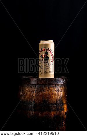 Can Of Birra Moretti Beer On Wooden Barrel With Dark Background. Illustrative Editorial Photo Buchar