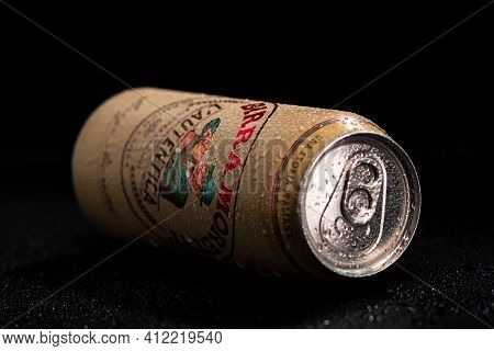 Birra Moretti, A Premium Lager Beer With Water Droplets On Black Background. Studio Photo Shoot In B
