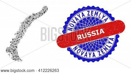 Music Collage For Novaya Zemlya Islands Map And Bicolor Grunge Seal