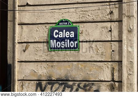 Bucharest, Romania - March 26, 2020: Signpost of Calea Mosilor the first street paved with cobblestones in Romania in 1825, a historic road and one of the oldest in Bucharest.
