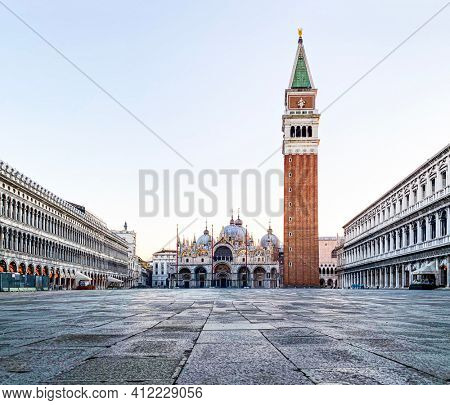 Basilica of Saint Mark and deserted San Marco Square during the crisis COVID-19