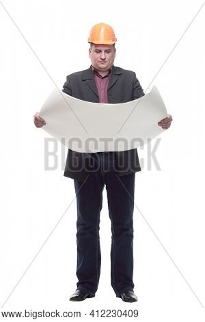 business man architect with drawings. isolated on a white