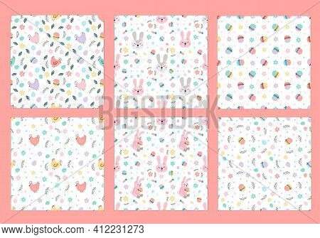 Cute Set Of Easter Patterns With Easter Bunnies, Eggs, Easter Cakes.spring Childrens Patterns. Ideal