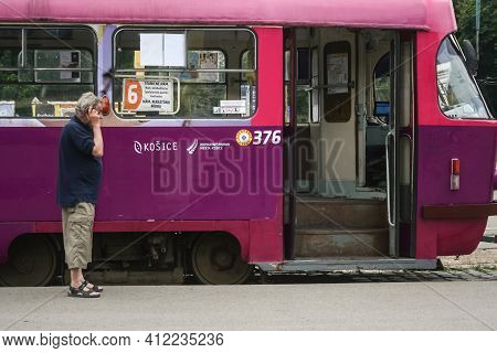 Kosice, Slovakia - June 12, 2014: Tram Driver In Front Of A Kosice Tram, Tatra T3 Model, At A Tram S