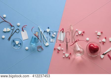 Chemistry Of Love. Creative Flat Lay, Top View With Chemical Glassware, Petri Dishes, Love Molecules