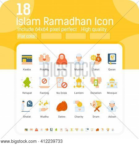 Islam Ramadhan Flat Color Icons Vector Set. Isolated On White Background. Ramadhan Icon With Flat St