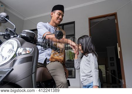 Muslim Man Father Going To The Mosque Kid Kiss His Hand