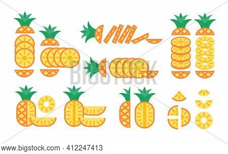 Sliced Pineapples Collection. Flat Vector Isolated On White Background.