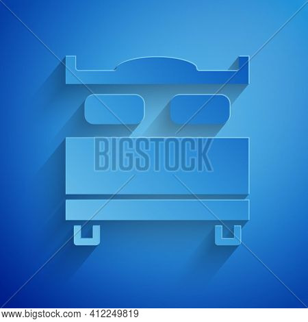 Paper Cut Bedroom Icon Isolated On Blue Background. Wedding, Love, Marriage Symbol. Bedroom Creative