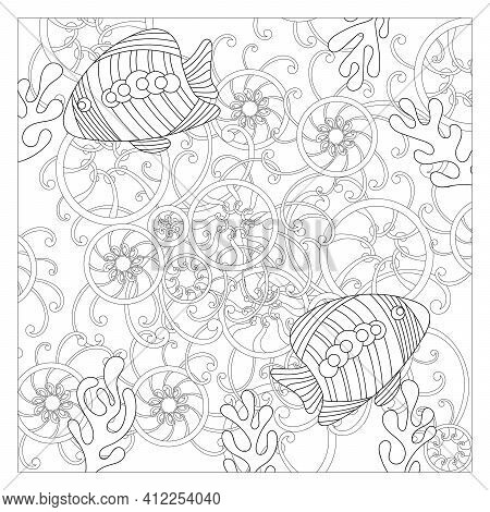 Coloring Book For Adults , Underwater. Marine Multi-layer Vector Motif . Doodles Sea, Ocean, River .