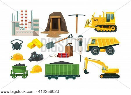 Mining Industry Equipment. Excavator, Dump Truck, Bulldozer, Wagons With Coal, Factory Of Plant Comp