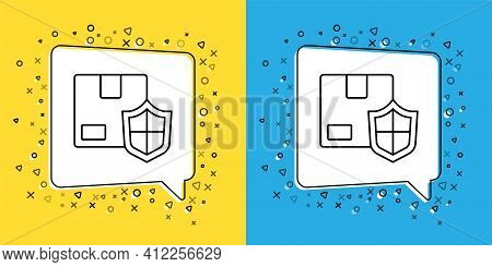 Set Line Delivery Security With Shield Icon Isolated On Yellow And Blue Background. Delivery Insuran
