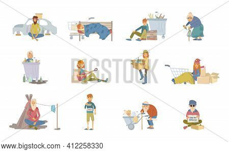 Homeless People Concept. Unemployed Homeless People Who Find Themselves In Crisis In Difficult Situa