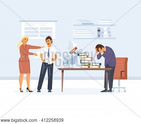 Working Overtime At Deadline. Office Workers In High Stress, Fatigue And Panic. Employees Do Not Hav