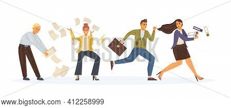 Working Overtime At Deadline. Running In Panic, Scatter Papers In Anger. Office Workers Hurry Up Wit