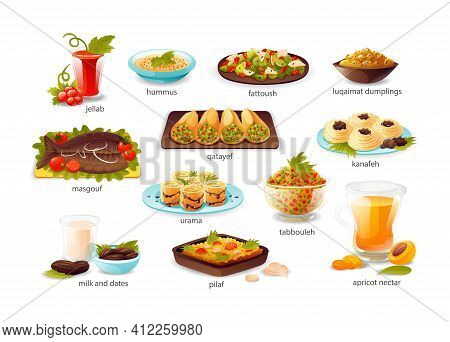 Ramadan Holiday Food Of Iftar Party Arabian Muslim Dishes. Sweet Dishes, Fish And Meat , Dates, Milk