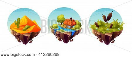 Game Islands Collection. Desert With Cactus, Land Landscape With Marshy Surface With Reeds, Grassy L