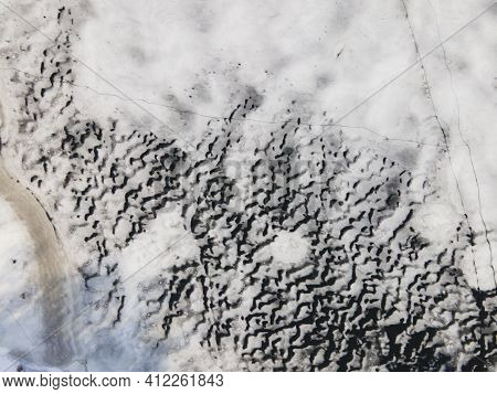 Drone View Og Ice Melts On The River, Ice Crack, Glacier And Iceberg Landscape