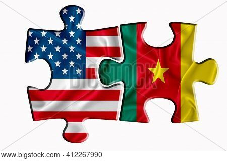 Kamerun Flag And United States Of America Flag On Two Puzzle Pieces On White Isolated Background. Th