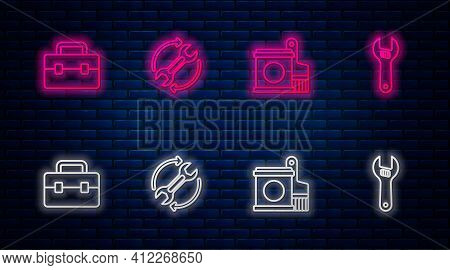 Set Line Wrench And Arrows As Workflow, Paint Bucket Brush, Toolbox And Adjustable Wrench. Glowing N