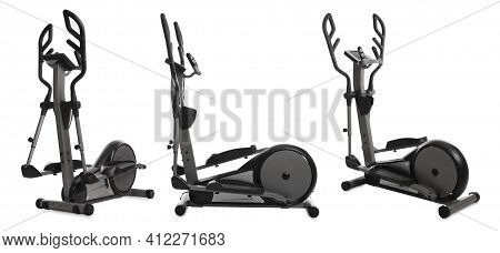 Set With Modern Elliptical Machines On White Background. Banner Design