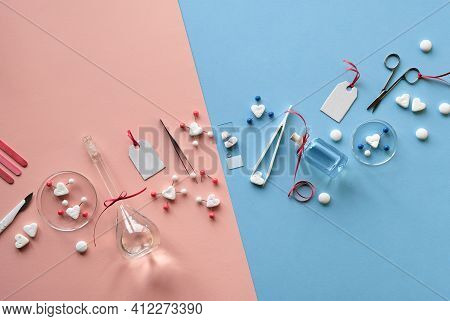 Chemistry Of Love. Creative Flat Lay, Top View With Chemical Glassware, Petri Dishes, Love Molecules