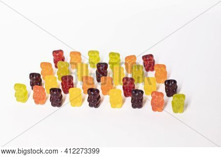 Colourful Sweet Gummy Bears Isolated On White Background.