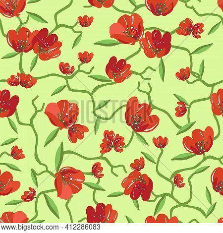 Seamless Pattern With Red Blooming Bouquets. Spring Flowers. Floral Background For Textile Or Book C