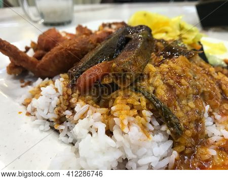 Close Up Of The Popular Nasi Kandar Or Kandar Rice. Selective Focus.
