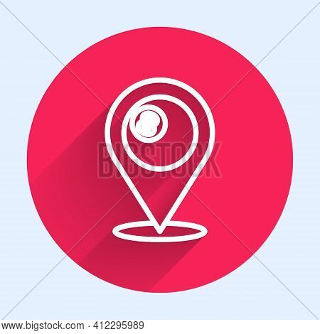 White Line Map Pointer With Billiard Pool Snooker Ball With Number 8 Icon Isolated With Long Shadow.