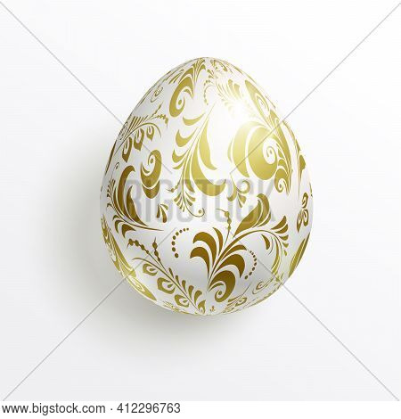 Realistic White Egg Decorated With Gold Floral Pattern