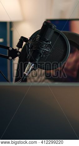 Podcast Home Studio In Living Room With Professional Brodcasting Gear With Nobody In It. Influencer 
