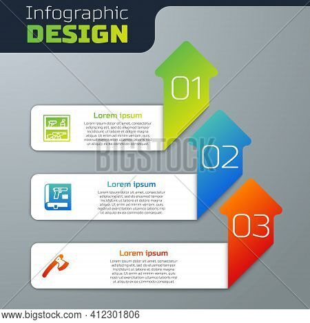 Set Hunting Shop Weapon, Book With Pistol Or Gun And Wooden Axe. Business Infographic Template. Vect