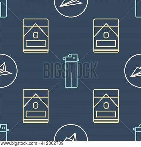 Set Line Messenger, Cigarettes Pack Box And Lighter On Seamless Pattern. Vector