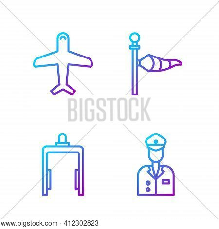 Set Line Pilot, Metal Detector In Airport, Plane And Cone Meteorology Windsock Wind Vane. Gradient C