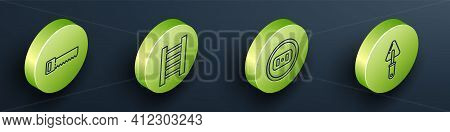Set Isometric Hand Saw, Wooden Staircase, Electrical Outlet And Trowel Icon. Vector