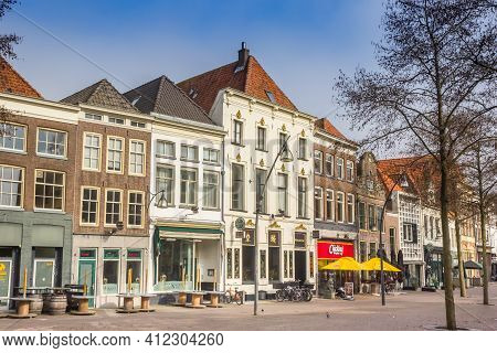 Zwolle, Netherlands - March 03, 2021: Historic Buildings At The Melkmarkt Market Square In Zwolle, N