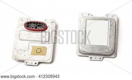 Spare Part Plastic Car Engine Control Unit With Metal Elements On A White Isolated Background Is The