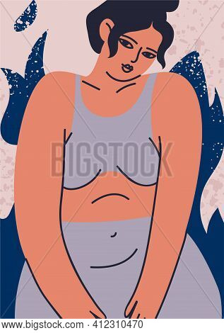 Women's Poster, Postcard Close-up. Young Curvy Woman In A Gray Tight-fitting Suit Against A Backgrou