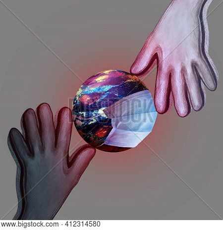 Concept - Two Hands Holding Planet Earth With Mask During Coronavirus Pandemic - Covid-19. Human Rig