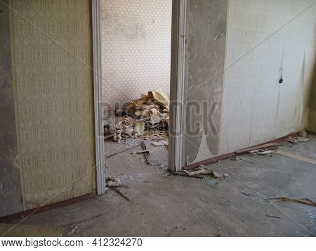 Abandoned Residential Buildings In The Village Of Orbita Near The Chigirin Nuclear Power Plant. Aban