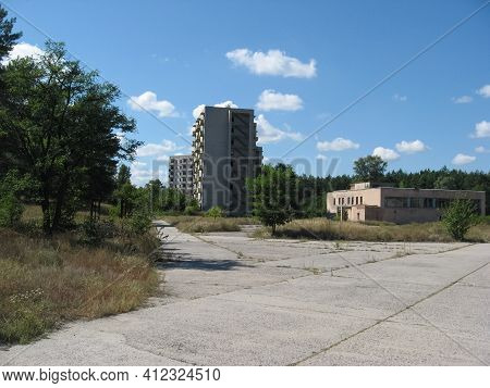 Abandoned Residential Buildings In The Village Of Orbita Near The Chigirin Nuclear Power Plant. Aban