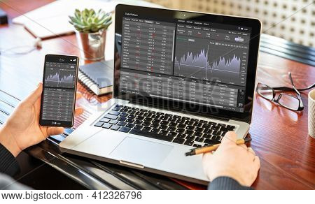 Trade Platform, Forex Trading. Stock Exchange Market Analysis On Laptop Screen