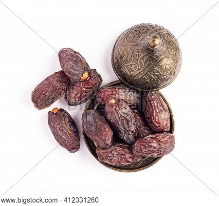 Hurma, Dates. Dried Dates Fruit On White Background. Popular Fruit Of Ramadan.
