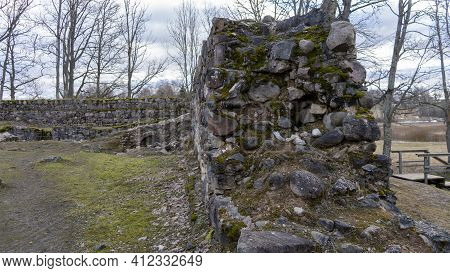 Araishi (araisi)  Stone Walls Medieval Castle Ruins In Latvia, Gauja National Park. Castle Was Built