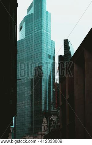 London Uk February 2021 Downtown London Skyscrapers, Rising Tall High On A Cold Winter Day, Grasshop