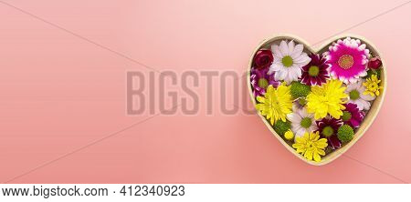 Colorful Chrysanthemum Flowrs In Heart Shaped Box. Floral Composition, Greeting Card Template Pink B